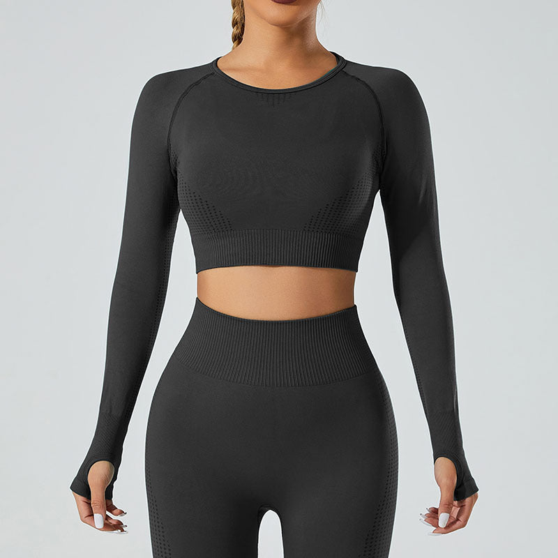 Women Sports Crop Top Long Sleeve Seamless Tight Fitness Yoga Shirts Net  Yarn